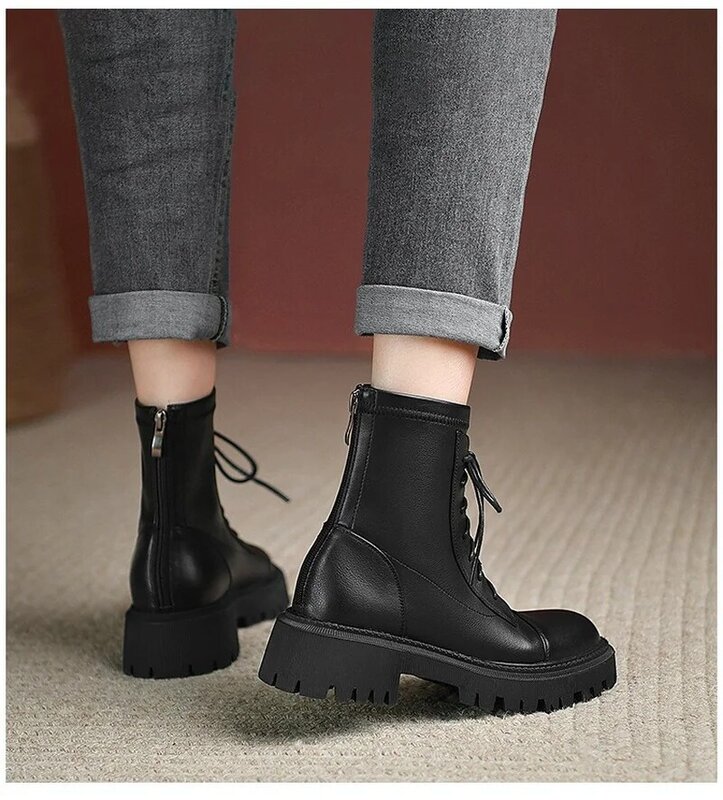 Botas de piel auténtica estilo inglés para mujer, zapatos de invierno ajustados, talla 35-40, 2021
