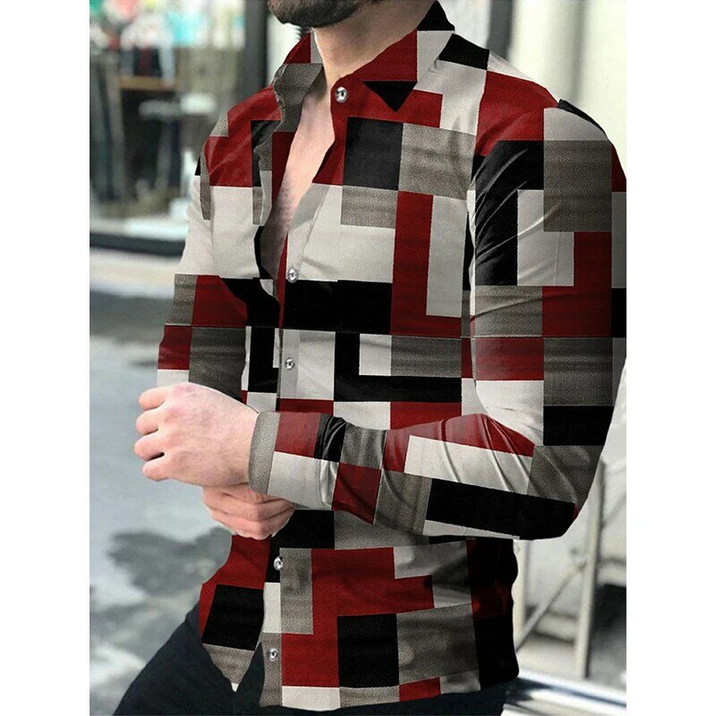 Camicie da uomo di moda sociale colletto rovesciato camicia abbottonata camicie a maniche lunghe con stampa a rete Casual abiti da uomo Cardigan da ballo