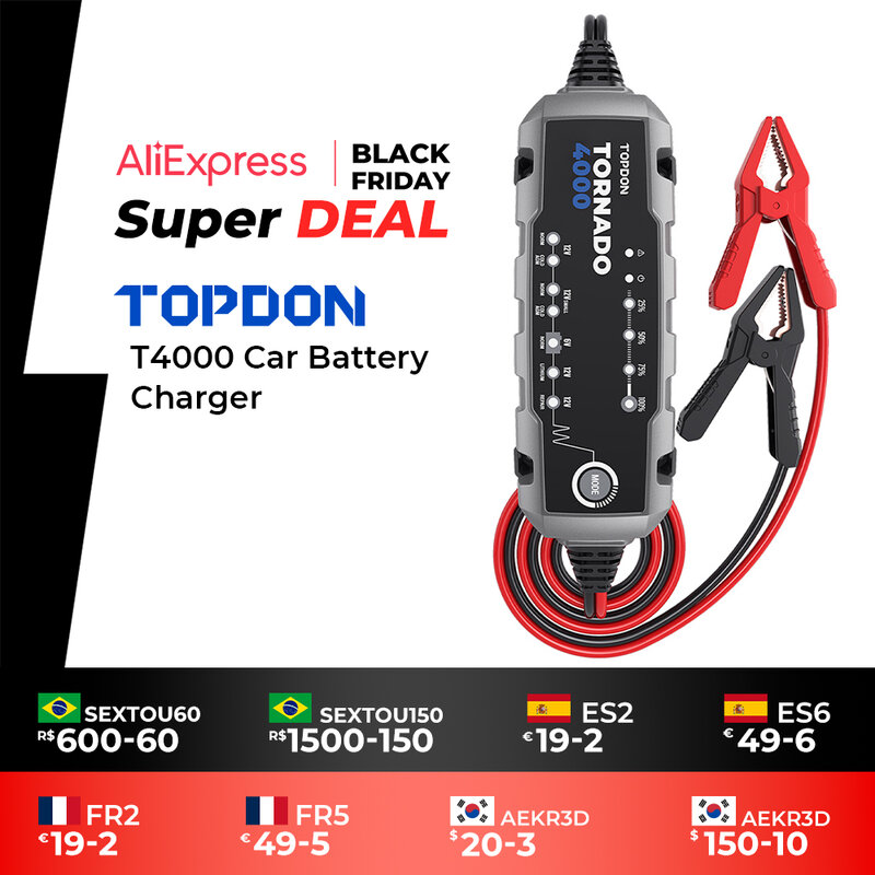 Topdon carregador de bateria automático t4000 6v 12v, carregador de bateria para carro motocicleta carregadores de bateria para 20ah-150ah