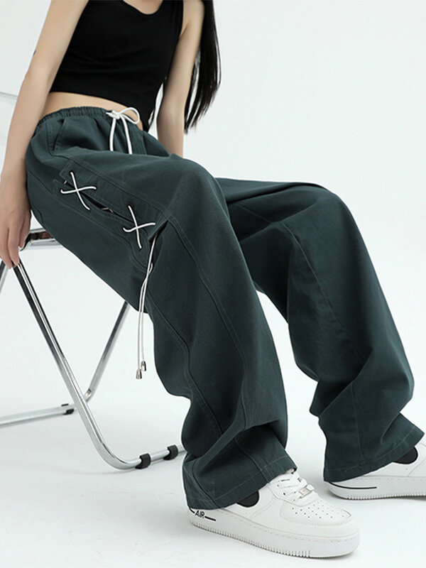 Pantaloni larghi con Design a fasciatura Vintage Oversize pantaloni sportivi larghi a gamba larga dritti pantaloni Casual Streetwear moda coreana