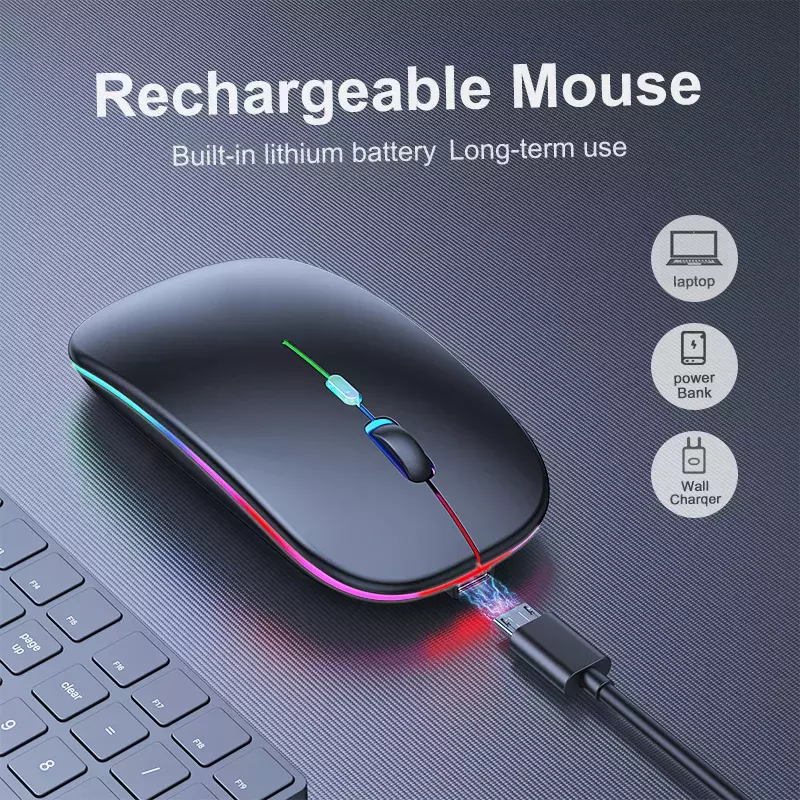 Ratón inalámbrico con Bluetooth para ordenador, periférico RGB recargable, silencioso, ergonómico, USB, retroiluminado con LED, para juegos, portátil y PC