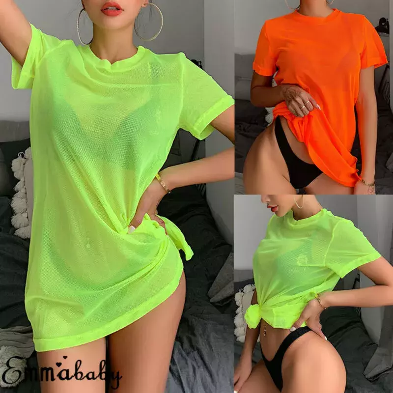 2019 letnia damska przezroczysta siateczka zobacz choć neonowa zielona osłona do Bikini Up strój kąpielowy letnia sukienka plażowa strój