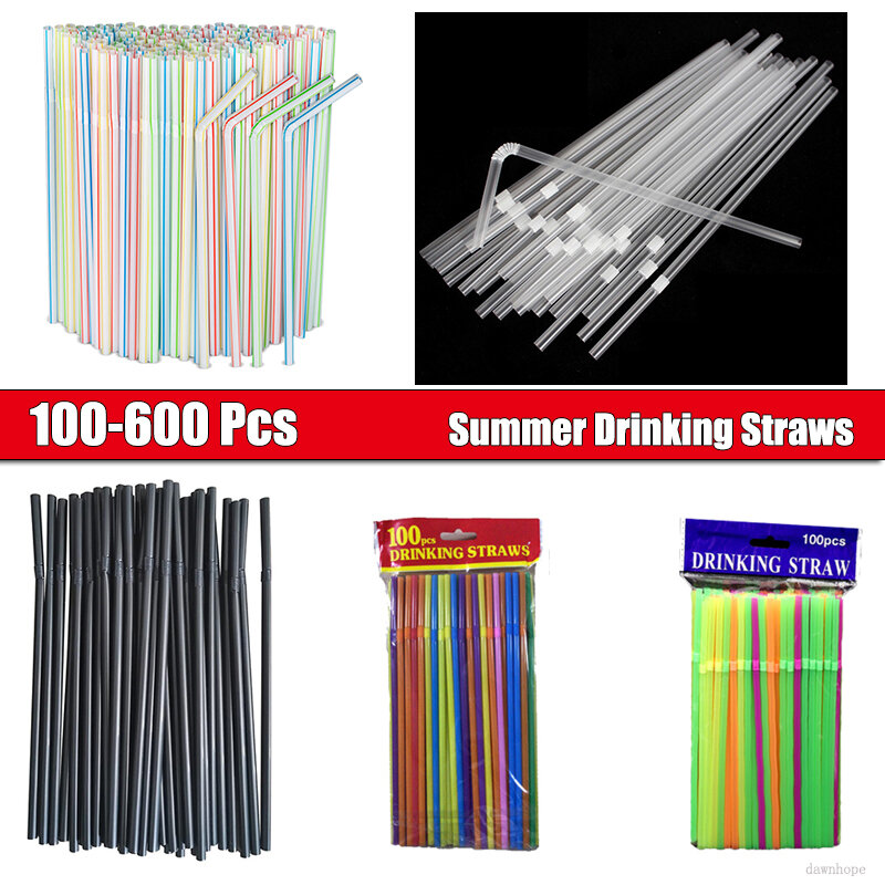 100-600Pcs Black Plastic Straws Drinking Disposable Rietjes 21cm Long Flexible Cocktail Straw For Kitchen Beverage Accessories