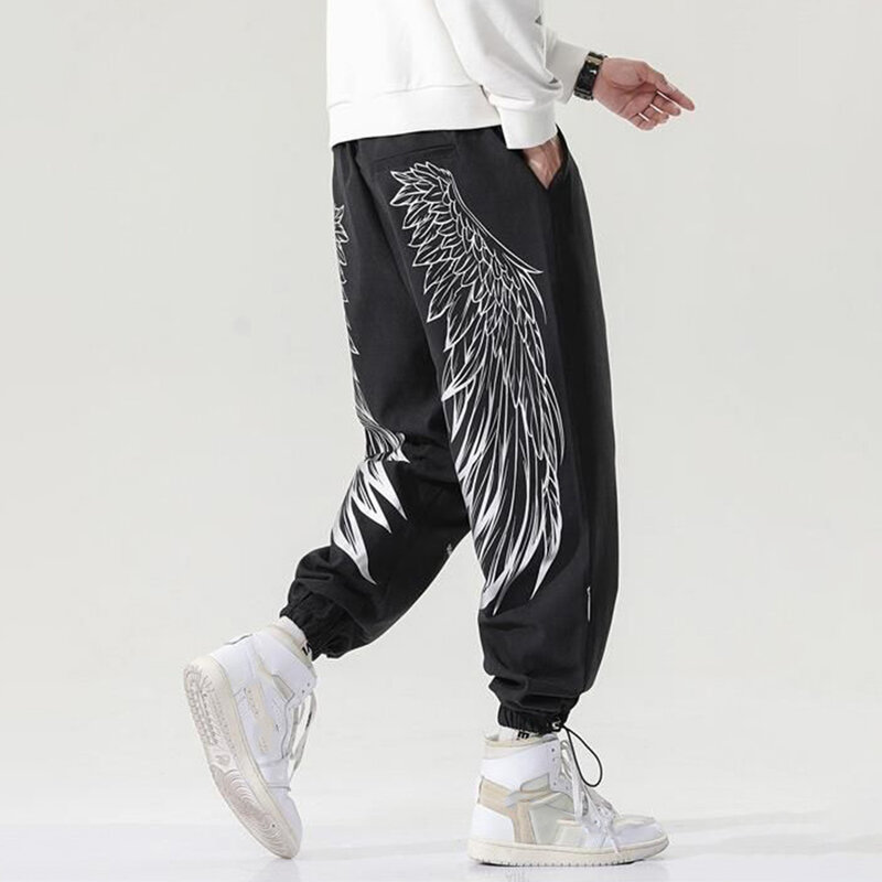 Men Pants Hip Hop Angel Wings Print Casual Joggers Men Summer Loose Sweatpants Plus Size Jogging Harajuku Streetwear Skateboard
