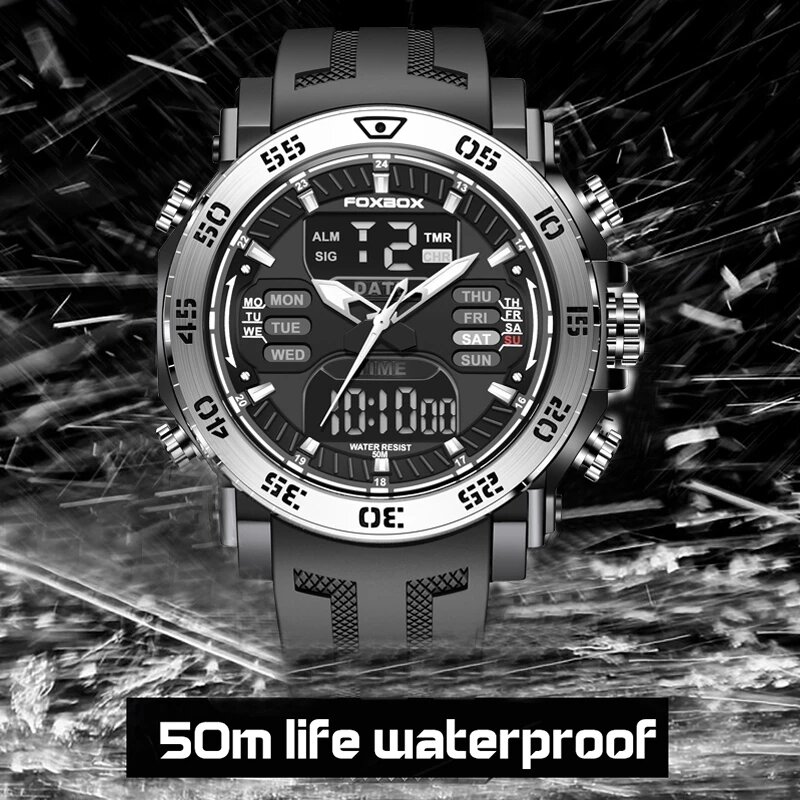 LIGE 브랜드 남자 스포츠 시계 듀얼 디스플레이 아날로그 디지털 LED 전자 석영 손목 시계 방수 수영 군사 시계