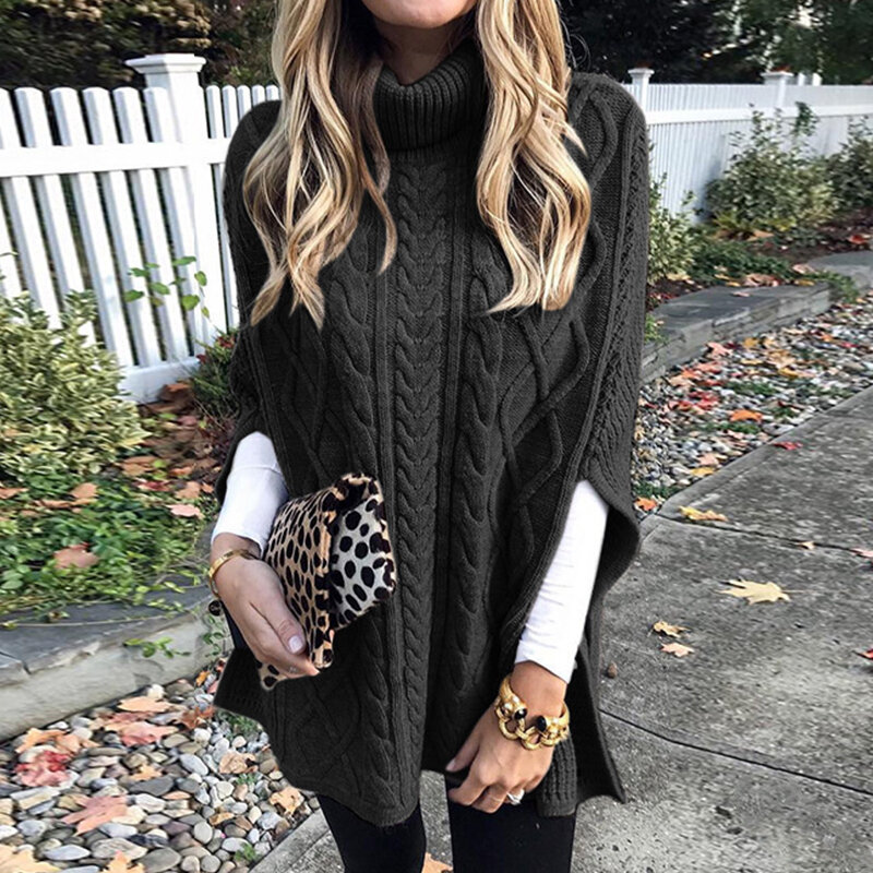 TPJB Winter Casual Loose Knitted Sweater Women Fashion Turtleneck 3/4 Sleeve Solid Color PonchoTops Elegant Twist Shawl Jumper