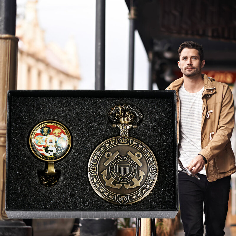 คลาสสิกเก่า Bronze Mens นาฬิกาขนาดใหญ่นาฬิกาควอตซ์สร้อยคอโซ่บางของขวัญกล่องชุดทหารชายของขวัญ Unisex