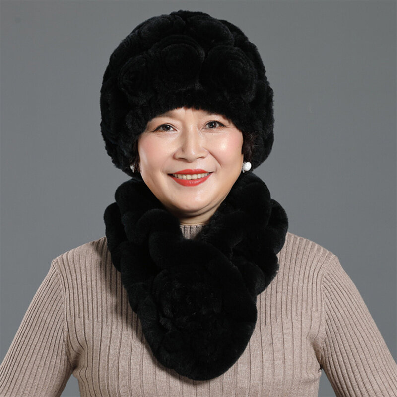 Conjunto completo de bufanda de invierno para mujer, gorro de punto cálido grueso de doble capa, a la moda, de piel de conejo, envío gratis