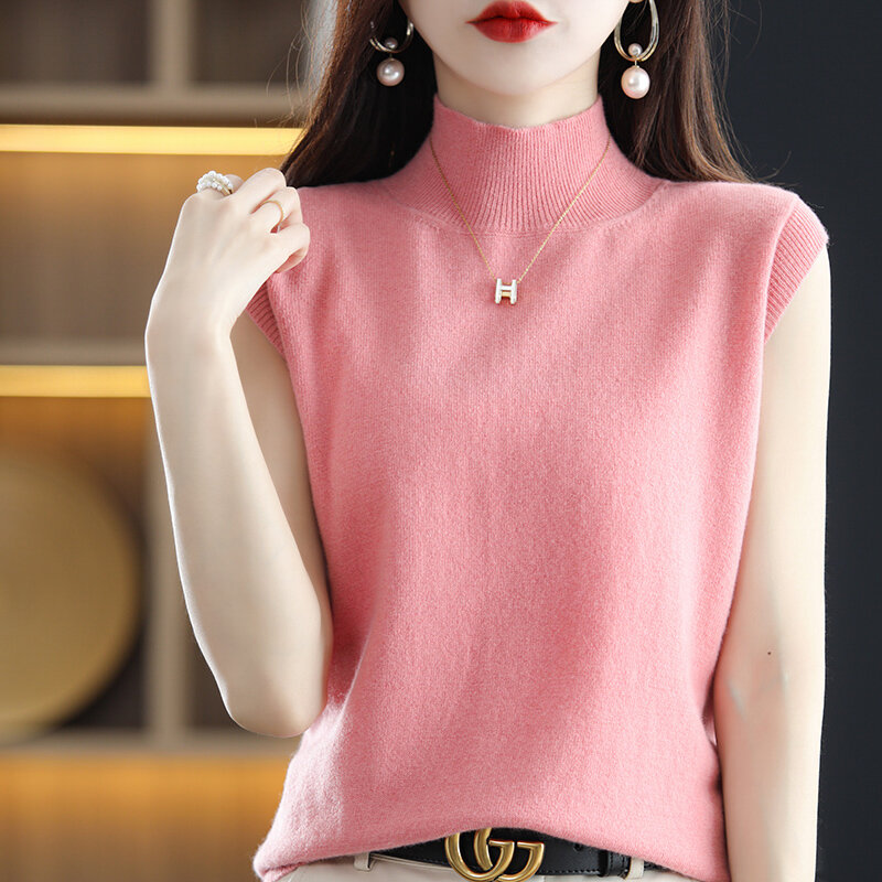 100% Pure Wool Camisole Women's Inner Solid Color Short All-Match Pullover Slim Fit Sleeveless Half Turtleneck Bottoming Shirt