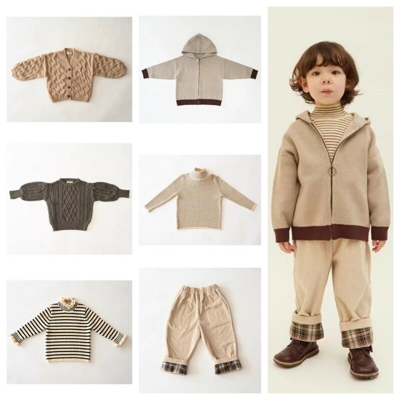 2023 Autumn/Winter New PE Boys and Girls' Knitted Sweater Vest Strap Pants+Plush Coat Set  Knitted Sweater  Sweater Vest