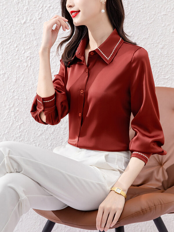 Kaus Vintage Bordir Lengan Panjang Blus Wanita 2022 Mode Musim Gugur Atasan Wanita Kemeja Kancing Kemeja Aprikot untuk Wanita