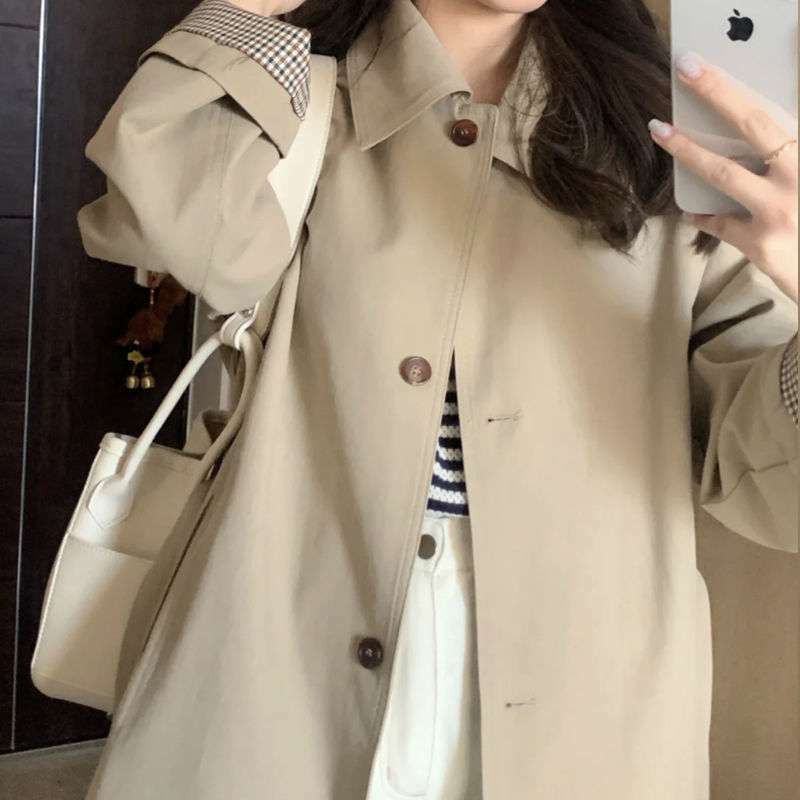 한국 스타일의 클래식 싱글 브레스트 윈드 브레이커 코트 여성용, 중간 길이, 느슨한 윈드브레이커, 가을 겨울