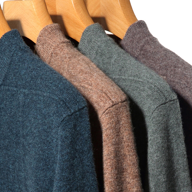 Suéter de lana pura de invierno para hombre, suéter de manga larga de Jacquard de Color sólido, informal, cuello suelto, de invierno