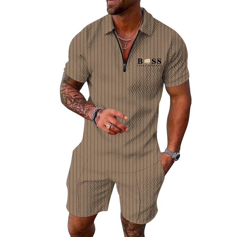 Men's Polo Suit Fashion Men Sets Mens Solid Color Summer V-neck Zipper Short Sleeve POLO Shirt+Shorts Two Pieces Men Casual Suit