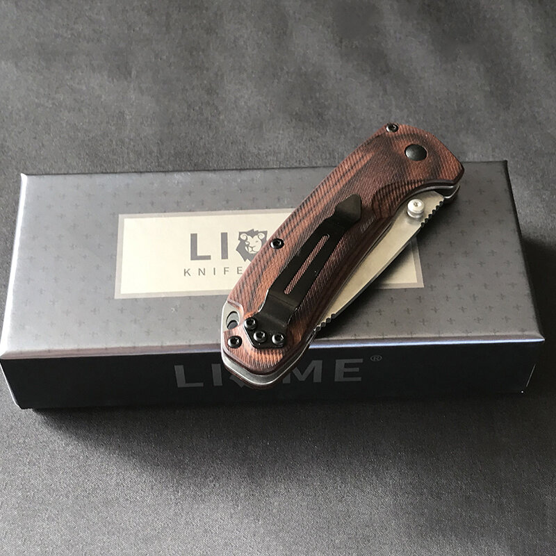 Outdoor Liome 15031 AXIS Tactical Folding Knife Wooden Handle Stone Wash Blade Camping Safe Life-saving Pocket Knives EDC tool