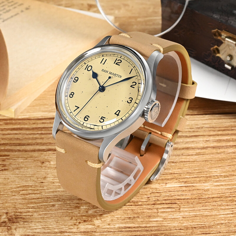 2022 San Martin NEW Vintage Pilot Men Mechanical Watches NH35 Simple Military Style Freckles Dial Wristwatch Relogio Masculino