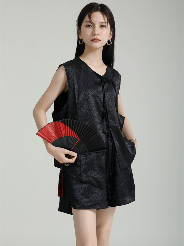 Leorlax เสื้อกั๊กแจ็กเก็ตสองชิ้นสำหรับผู้หญิงสูทจีนดีไซน์ดั้งเดิมผ้าแจ็คการ์ดกระเป๋าประดับพู่แฟชั่น J0140