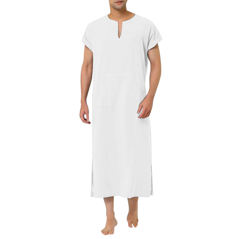 Mens Muslim Arabia Casual Short Sleeve Pocket Loose Robe Shirt Muslim Robe Solid 90s Button up Dress Shirts Men