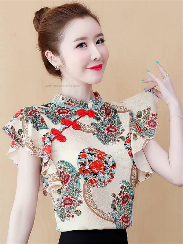 Chinesische Vintage Seide Bluse chinesischen Stil Blumen druck Cheong sam Tops Frau China klassische ärmellose Qipao Shirt Top