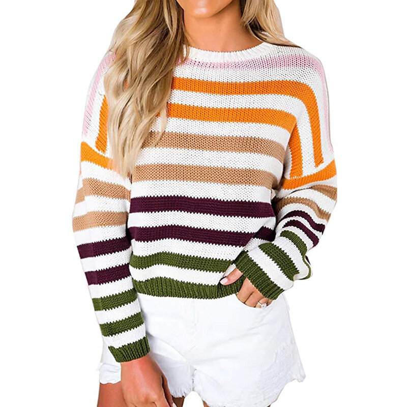 Europejskie i amerykańskie modne w paski sweter z blokadą koloru 2022 jesień Student nowy Top sweter z dzianiny wokół szyi