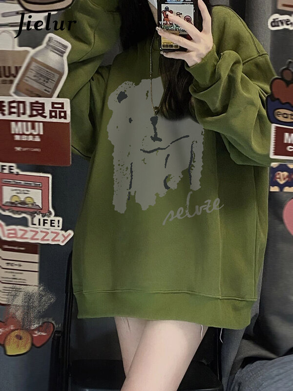 Jielur Новое флисовое худи с круглым вырезом повседневные женские толстовки Модный пуловер с длинным рукавом свитшот зеленый корейский топ
