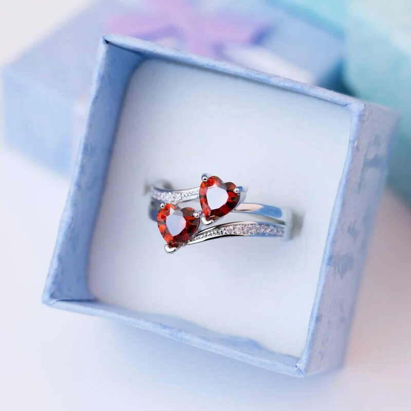 JK stylowe kobiece pierścionki posrebrzane podwójne w kształcie serca cyrkonie obrączka dla kobiet dziewczynki fajny prezent na urodziny