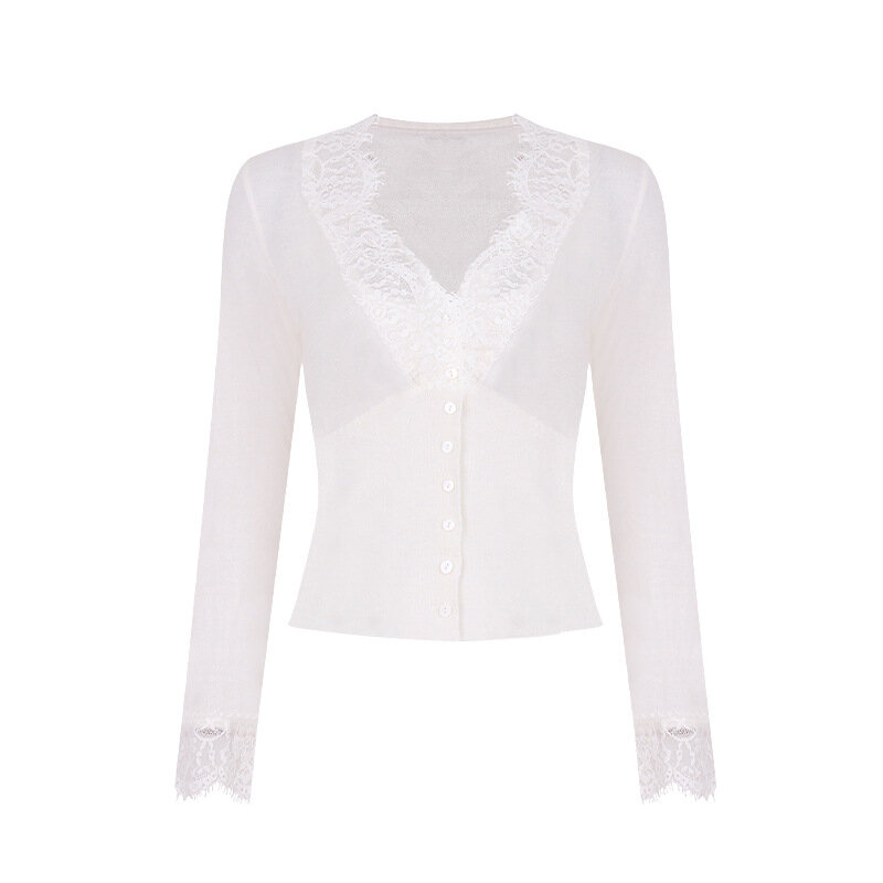 Blusa blanca de punto con encaje cosido para mujer, camisa interior ajustada, moda coreana, suéter, cárdigan, abrigo, Top, 2022