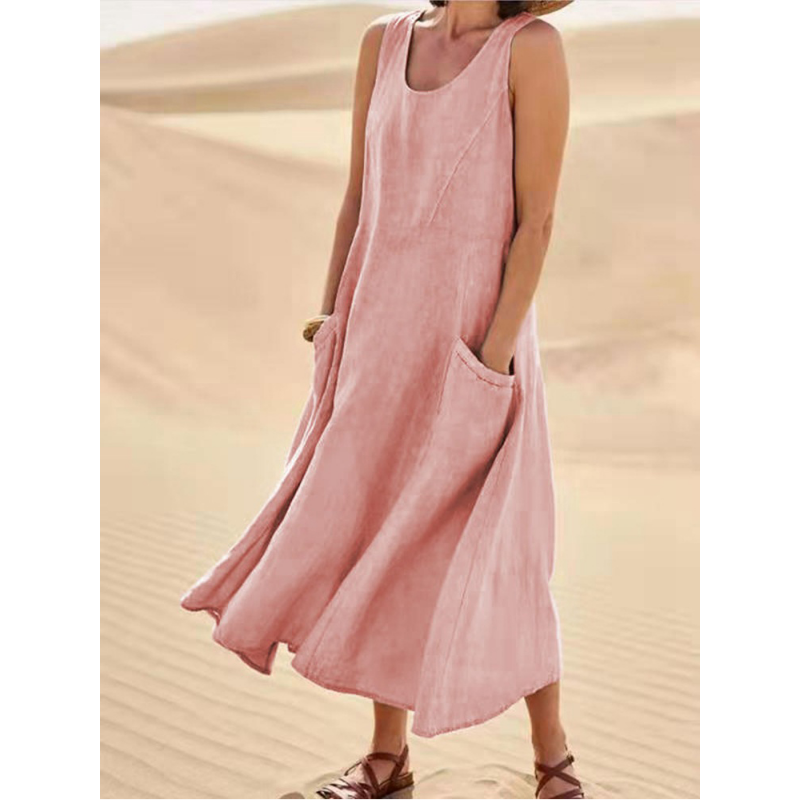 Robe longue vintage en coton et lin pour femmes, tenue de plage élégante, col rond, couleur unie, avec poches latérales
