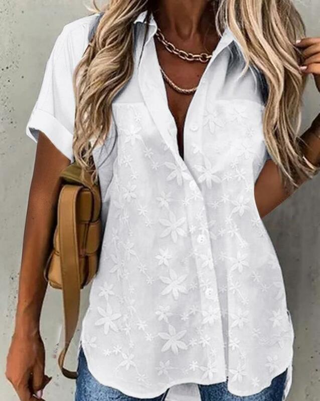 Women's Lapel Shirt Short-Sleeved Top 2023 New Small Clear Style Solid Color Floral Pattern Button Short-Sleeved Shirt