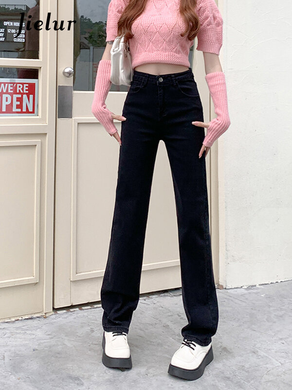 Jielur preto em linha reta baggy jeans feminino outono estilo coreano calças de cintura alta cor sólida solta casual denim calças mulher S-XL