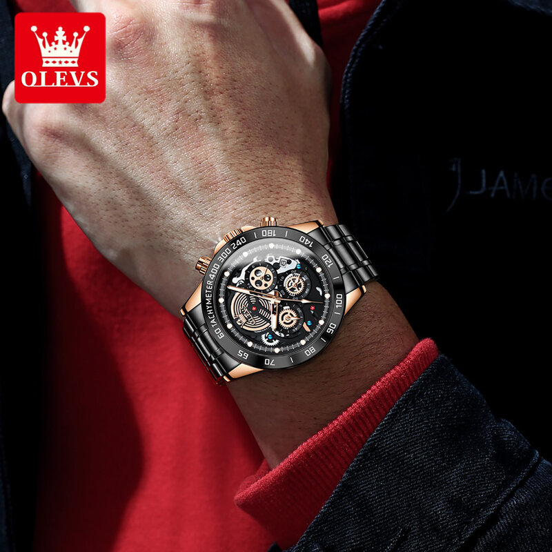 OLEVS wodoodporny zegarek mody dla mężczyzn wielofunkcyjny duży Dial luksusowy stalowy pasek kwarcowy męskie zegarki na rękę Luminous