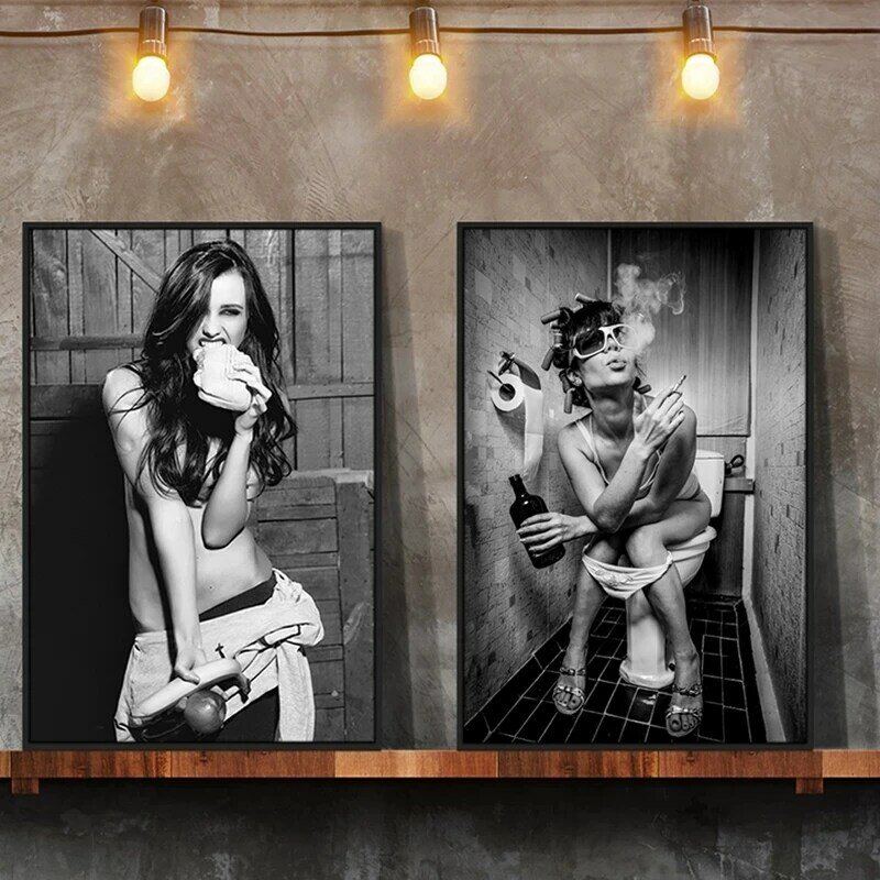 Póster Artístico moderno de lona para chica, pintura Sexy para fumar y beber, póster impreso para baño, decoración de pared en blanco y negro