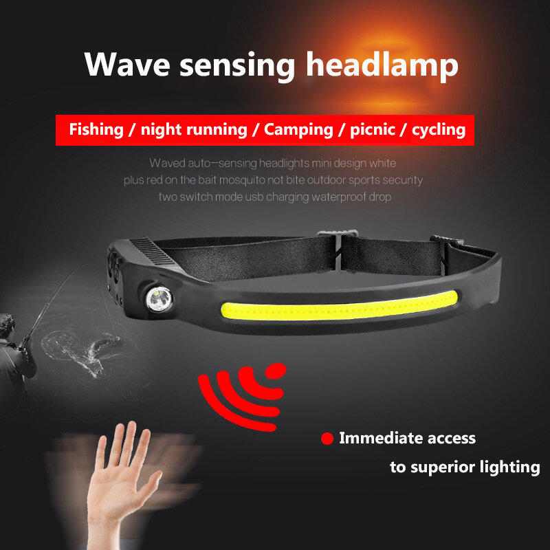 Wave Sensing Led + Cob Headlights Outdoor Riding Lights USB Charging Night Running Lights High Gloss Headlights