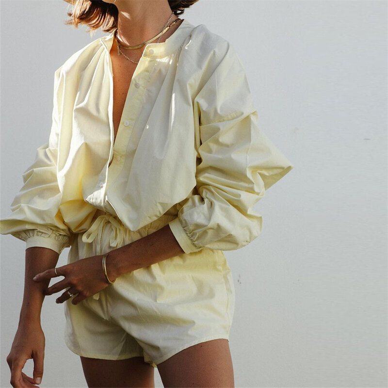 여름 패션 여성 솔리드 스탠드 칼라 긴 소매 단추 긴 셔츠 탑스 의류 Femme 느슨한 캐주얼 두 조각 반바지 세트