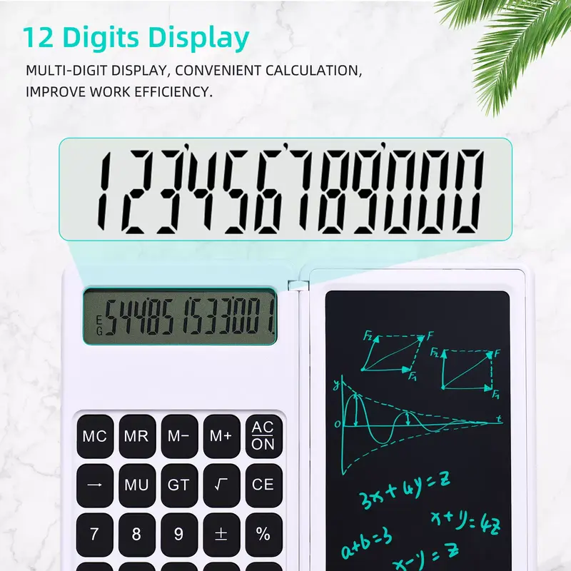 Foldable Calculator & 6 Inch LCD Writing Tablet Digital Drawing Pad 12 Digits Display with Stylus Pen Erase Button Lock Func