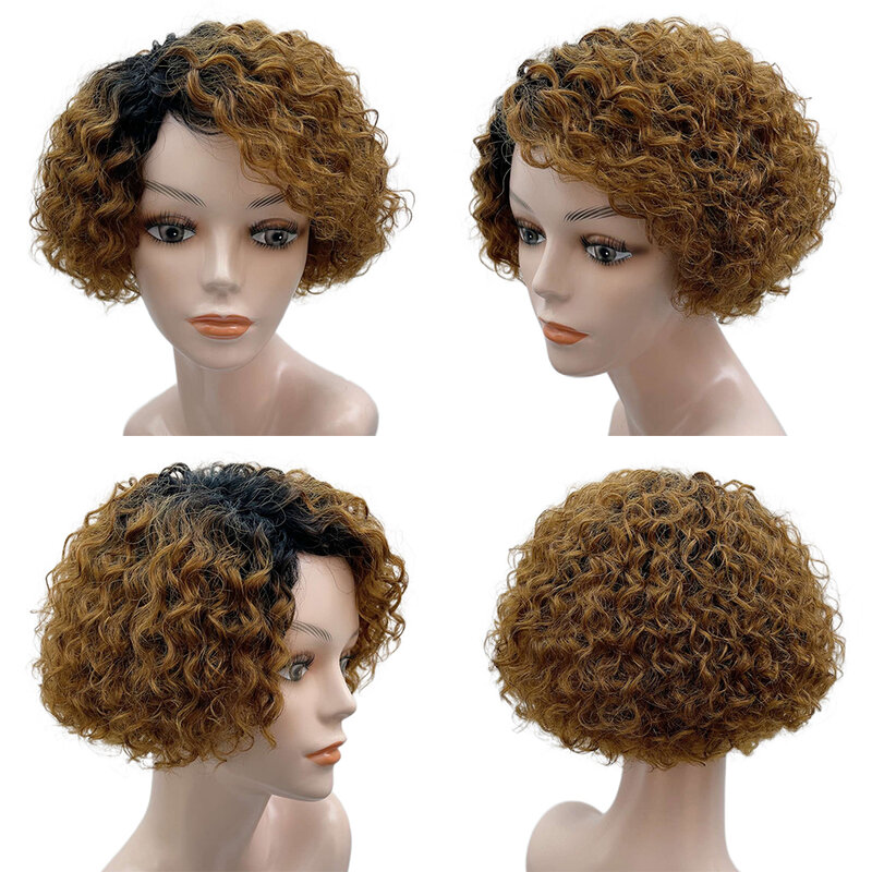 Pelucas de cabello humano brasileño Remy para mujer, pelo rizado con ondas laterales, corte Bob Pixie corto, sin encaje frontal
