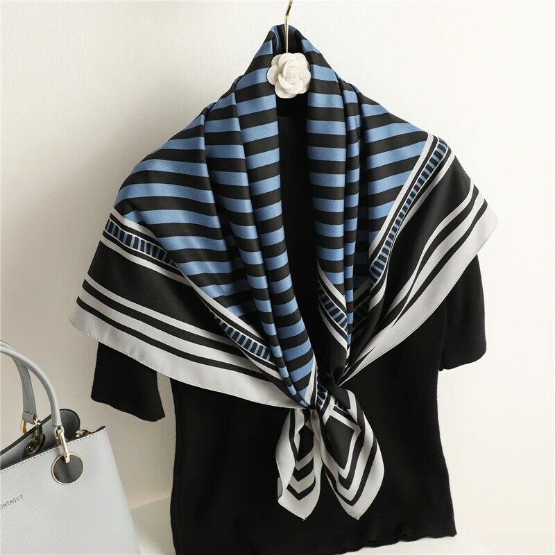 Foulard en Satin de soie pour femmes, carré sergé, imprimé à bande, Hijab, bandeau, châle, Bandana, 90x90cm, 2021