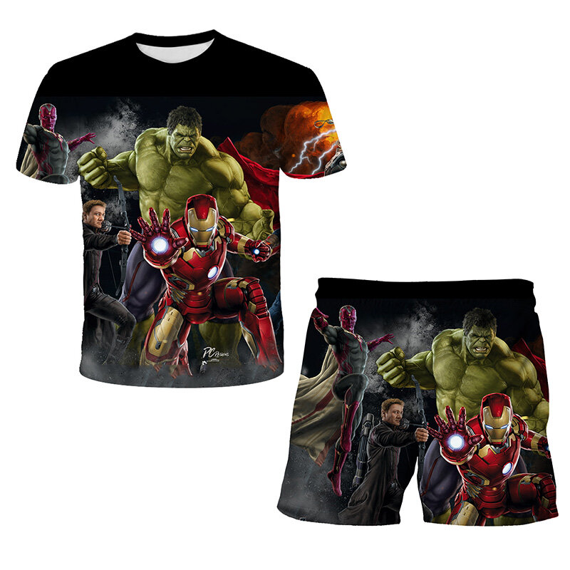 Marvel Celana Pendek Atas Anak-anak 2 Potong Set Kaus Fashion Superhero Hulk Spiderman untuk Anak Laki-laki Perempuan Setelan Set Pakaian Kartun Anak-anak