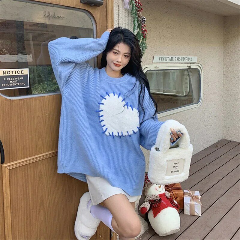 Chic Women's Clothing Korean Style Love Sweater Blue Loose Outer Knitted Pullover Autumn Winter Fashion Casual Oversize Sweater