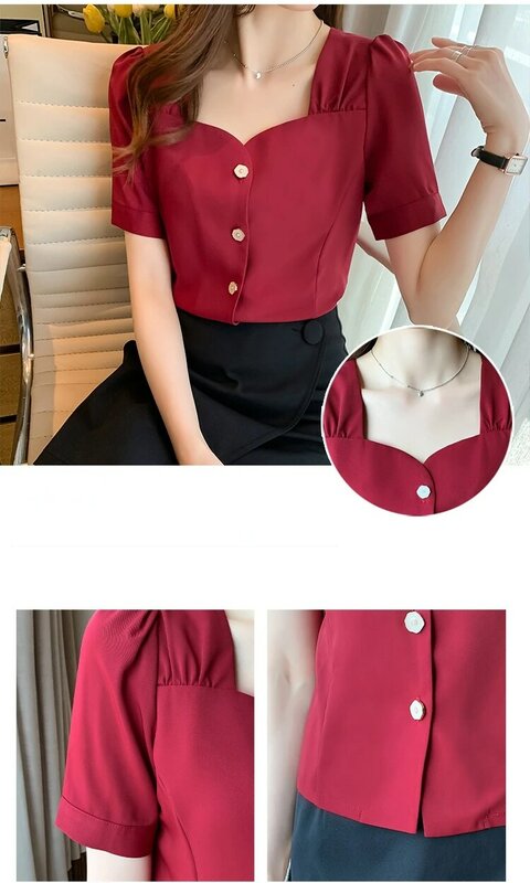 Solid Color Short Sleeve Summer 2022 Woman's Shirts Tops Blouse Sweet Chiffon Blouse Wine Red Korean Camisas De Mujer 669F