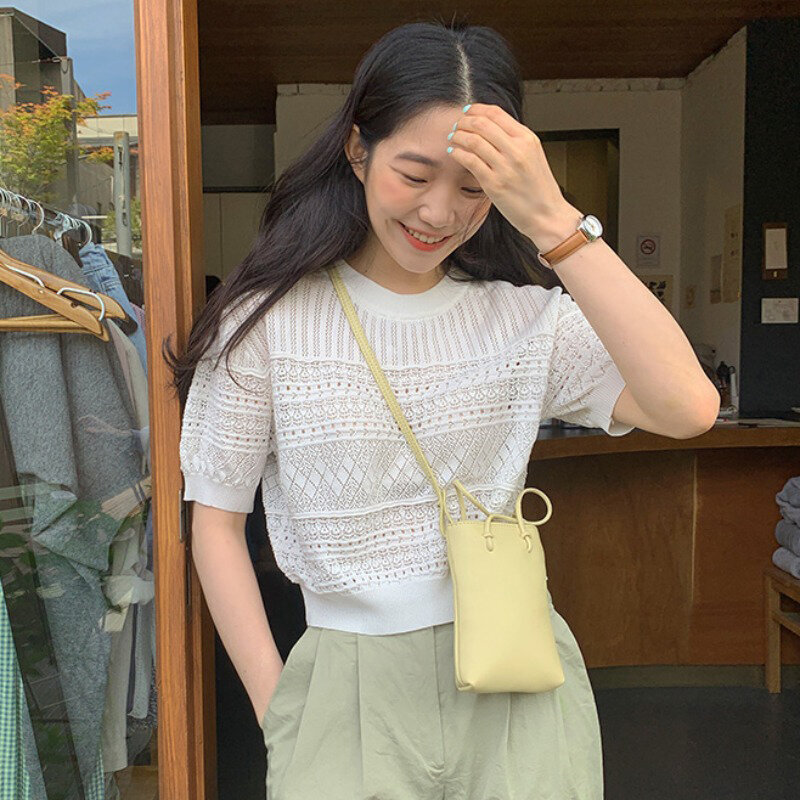 Frauen Vintage Einfachheit Stricken Pullover Aushöhlen Rundhals Kurzarm Casual Koreanische Mode Baggy Damen Tops Sommer