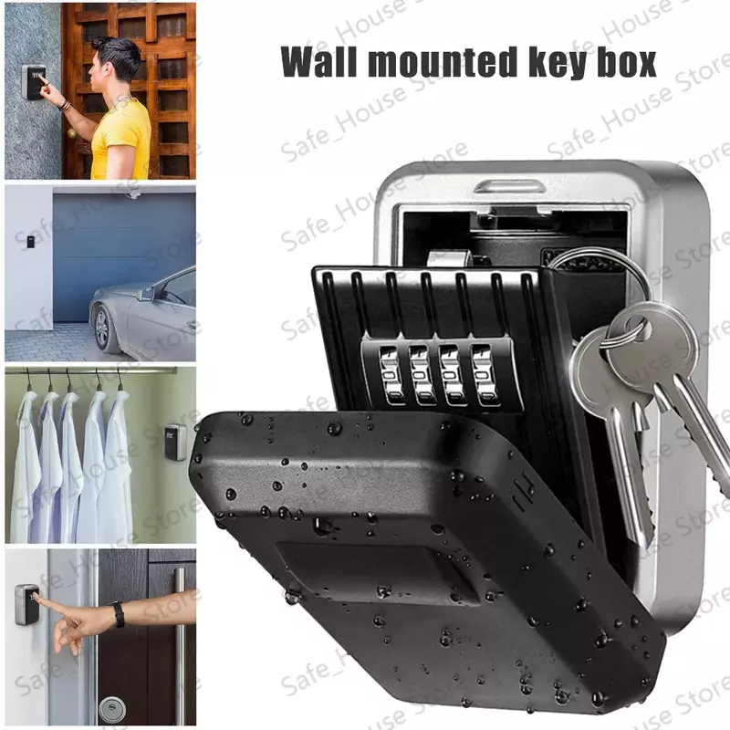 Organizador de almacenamiento de llaves de montaje en pared, caja de seguridad con combinación de 4 dígitos, contraseña, código de seguridad, sin llave, caja fuerte para el hogar