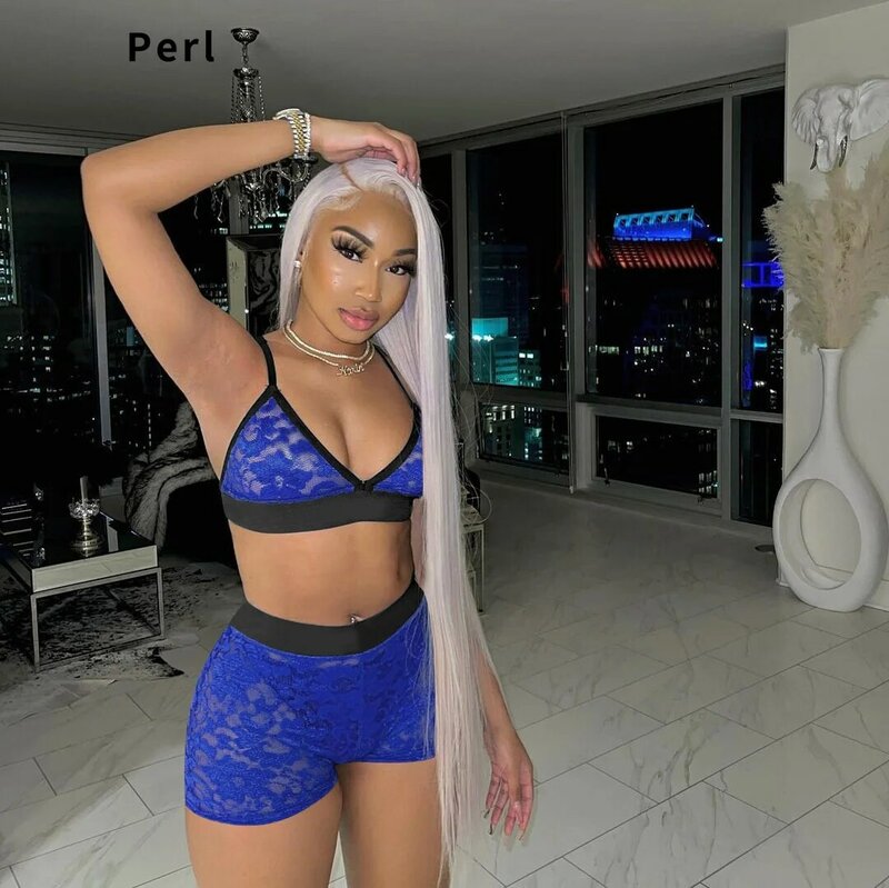 Perl Sexy Lace Two Pieces Set Women Clothes Crop Bra+shorts Suit Fashion Matching Family Outfit Stylish Tracksuit Clubwear 2022