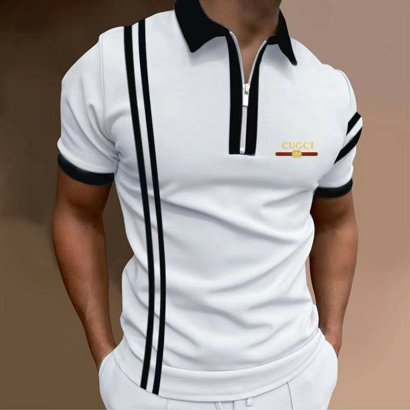 2023 frühling Sommer Polo Shirt Männer Casual drehen-unten Kragen Zipper Fashion Striped Solide Dünne Tops T-shirt