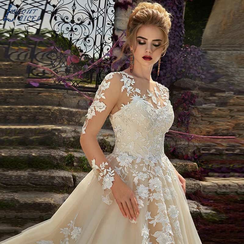 Floral Appliqued Spitze Hochzeit Kleider 2022 Tüll Langen Ärmeln Brautkleider Vestido De Novia Maß Illusion Taste Spitze Up