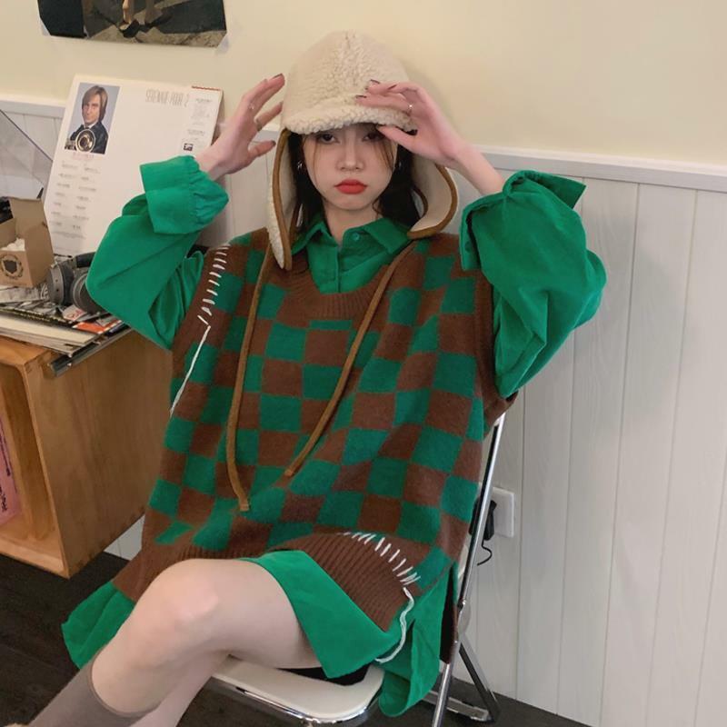 Szachownica Plaid sweter kamizelki 2022 moda cały mecz Streetwear Chic koreański styl rozrywka Vintage luźna dzianina Ulzzang Ins