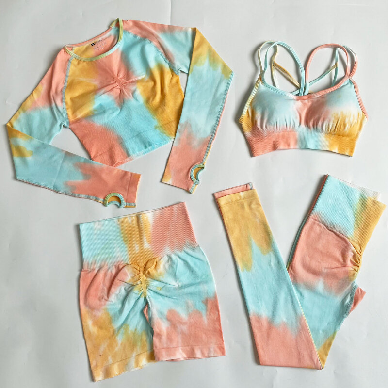 Yoga 4 Piece Set Women Seamless Knitted Tie-dye Outdoor Running Leggings Fitness Sports Sets Halter Bra Crop Top Gym Set Clothes