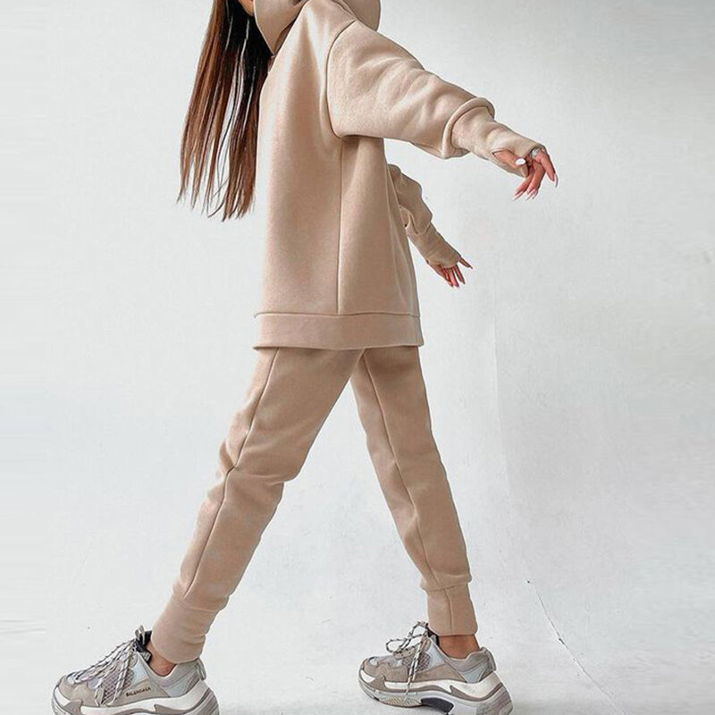 Women Fleece Hooded Tracksuit Two Piece Set 2022 Female Casual Oversized Hoodies And Jogger Pants Sets Lady Warm Suit Outfits