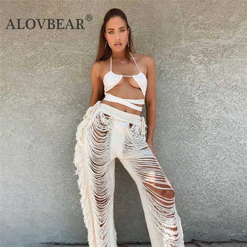 Alovbear moda y2k calças de malha para mulher hipster sólida borla cintura alta bottoms streetwear 2022 tendência oco rasgado pant
