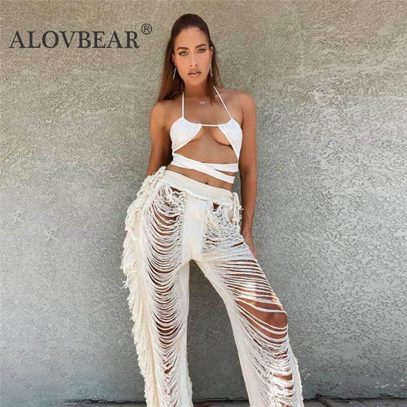 Alovbear Mode Y2K Gebreide Broek Voor Vrouwen Hipster Effen Kwastje Hoge Taille Bodems Streetwear 2022 Trend Hollow Ripped Broek